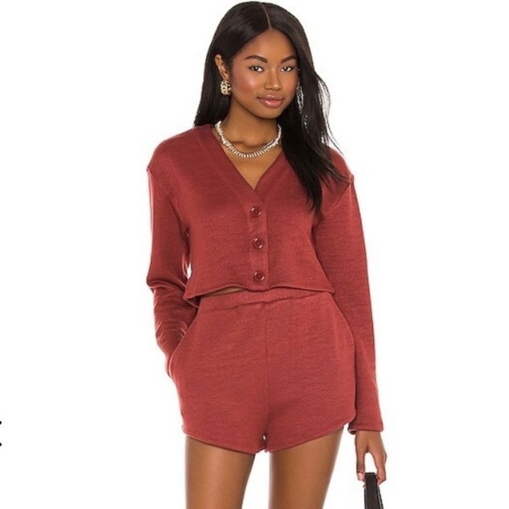 Red Button-Up Cardigan and Shorts Set